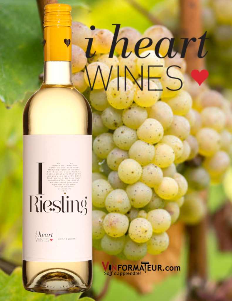 Bouteille de I heart Riesling, Allemagne, vin blanc avec cépage Riesling en arrière-plan