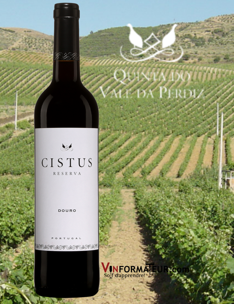Bouteille de Cistus, Reserva, Portugal, Douro, Quinta do Vale da Perdiz, 2018 avec vignobles en qrrière-plan
