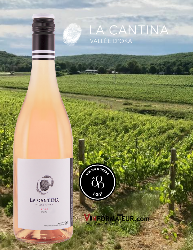 Bouteille de La Cantina, Rosé, L’Empreinte C, Vignoble La Cantina, Québec, Vallée d’Oka, 2020 avec vignoble en arrière-plan