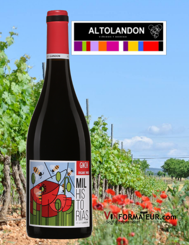 Bouteille de MIL Historias, AltoLandon, Espagne, Manchuela, 2019 avec vignoble en arrière-plan