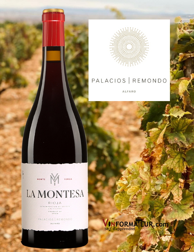 Bouteille de La Montesa, Espagne, Rioja, Crianza, 2017 avec vignoble en arrière-plan