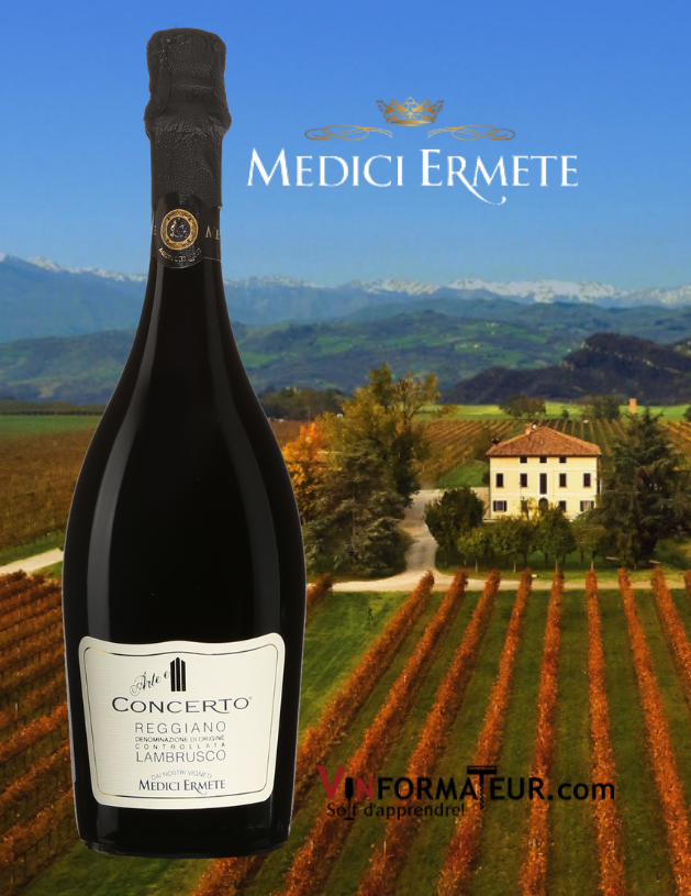 Bouteille de Concerto Reggiano, Lambrusco, Italie, Emilie-Romagne, 2019 et vignobles et chai