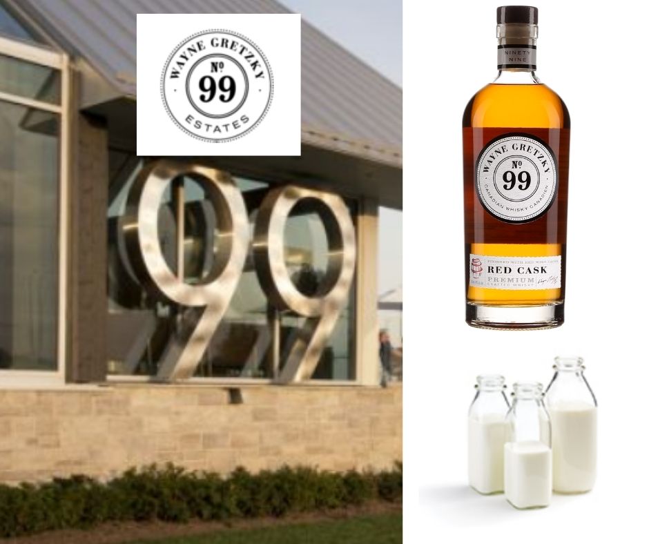 Distillerie Wayne Gretzky: bouteille de whisky Red Cask Wayne Gretzky et pot de crème fraîche.