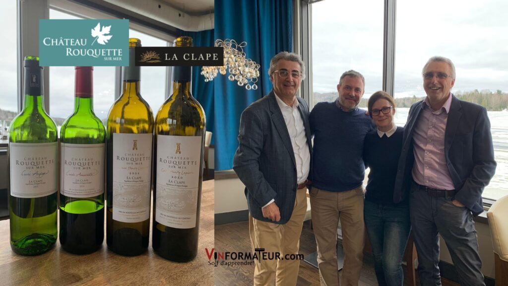 Dégustation des vins de Château Rouquette sur Mer: gauche à droite - Jacques Orhon, François Boscary, Alexandra Boscary et Claude Lalonde (Vinformateur). Hôtel Esterel Resort.