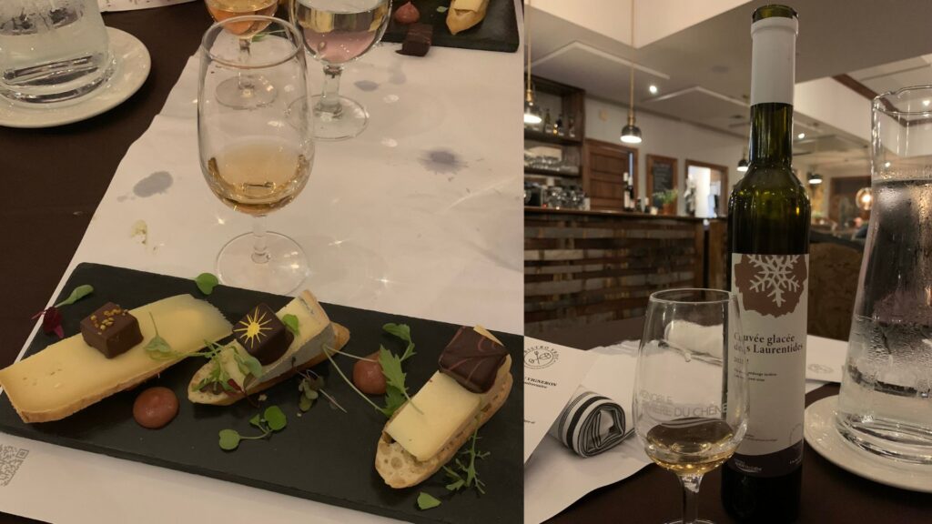 Souper VIP du Vigneron 25e - Fromages et chocolats et Cuvée glacée des Laurentides, Vendange Tardive et Éraporteros, vin fortifié aromatisé au sirop d’érable VRDC bouteilles